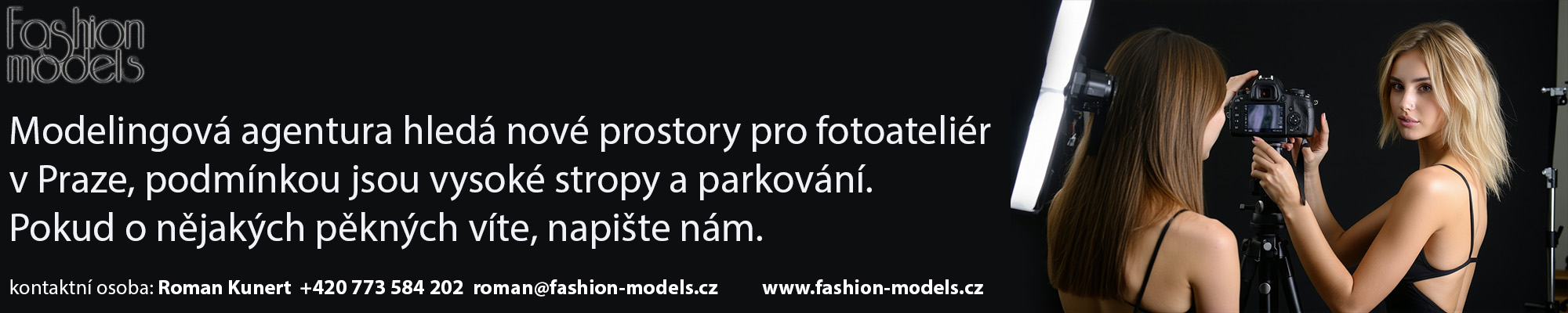 Fashion Models hledá nové prostory pro fotoateliér v Praze – vysoké stropy a parkování